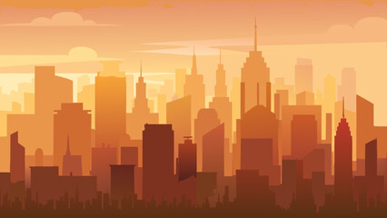 Stylized city skyline silhouette at warm sunset or smoggy sunrise. Vector illustration of urban buildings and skyscrapers in monochrome orange and brown tones. Great for headers, mobile games, and arc