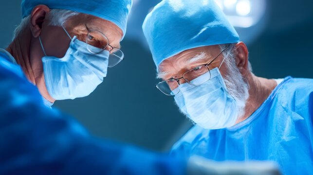 Two senior male surgeons, a doctor, performing surgery with focus. Healthcare, medicine and medical concept for hospital or clinic marketing for cardiology.