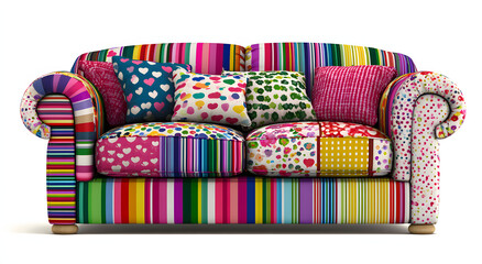 Colorful patchwork sofa with vibrant patterns and multiple cushions.