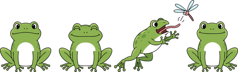 Cartoon green frogs sitting, smiling, leaping, catching dragonfly, playful amphibians illustration, cute animal artwork, nature wildlife vector design