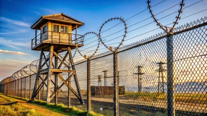 Fototapeta premium Rustic Guard Tower with Barbed Wire Fence at Dusk in Prison Setting