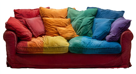 Plush sofa filled with colorful cushions in rainbow hues on a white background.