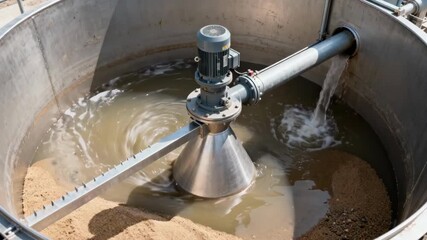 Medium shot of a vortex grit chamber efficiently separating grit and sand from water flow to safeguard industrial equipment and enhance process longevity.