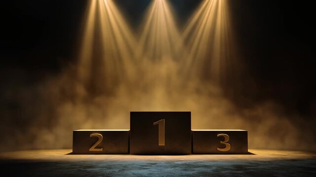 Three-tier winners' podium centered on a smoky stage, bathed in warm golden spotlights. Regal glow!!