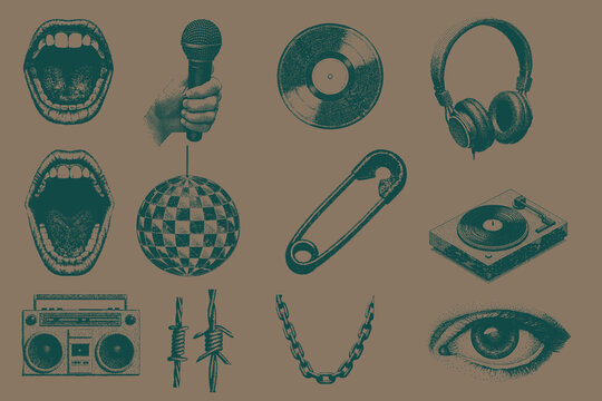Trendy Photocopy effect music elements Mouth, Headphone, Vinyl Record, Microphone, Safety Pin, Disco Ball, Eye, Wire vector illustration. Eps 10