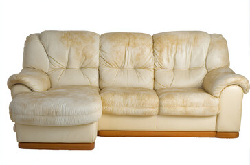 Dirty white sectional sofa with light brown stains on white background.