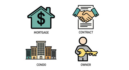 Vector illustration of real estate icons mortgage, contract, condo, owner