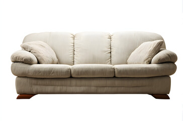 Plush cream colored sofa with accent pillows stands against white background.