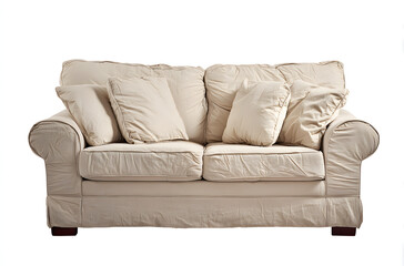 A comfortable beige sofa with multiple plush pillows is shown against a white background.