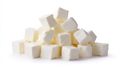 Stack of feta cheese cubes on white background. Artificial intelligence image