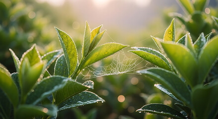Lush green leaves sparkle with morning dew, connected by a delicate spiderweb, creating a serene and natural botanical scene
