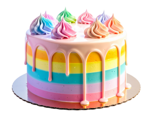  Artistic pastel rainbow cake with dripping frosting and light reflection on cream, isolated on a transparent background, PNG 