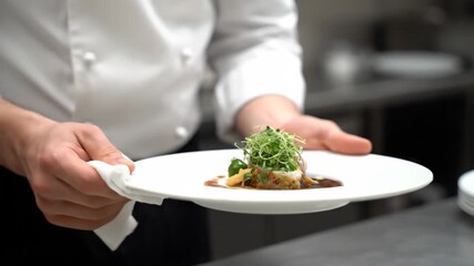 Professional chef in a white uniform carefully presents a meticulously prepared gourmet dish.