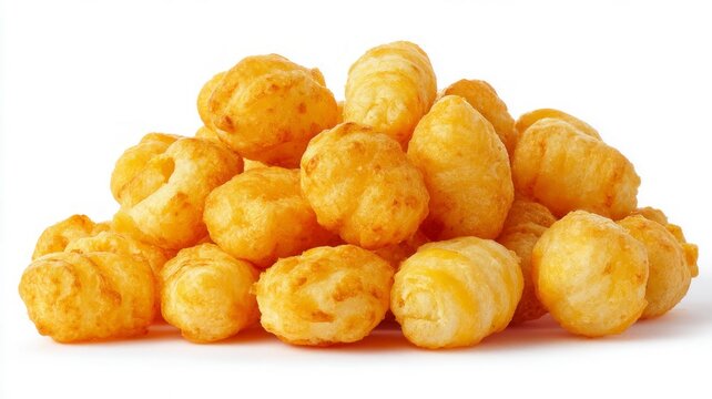 Pile of crunchy corn puffs on white background. Artificial intelligence image
