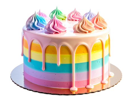 Artistic pastel rainbow cake with dripping frosting and light reflection on cream, isolated on a transparent background, PNG 