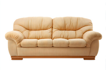 Plush beige three-seater sofa with rolled arms and wooden base.