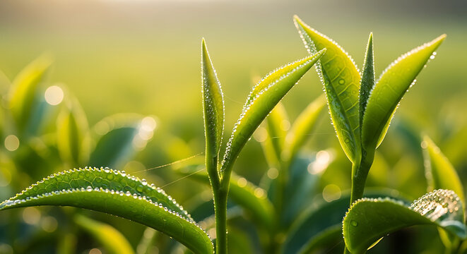 Fresh green tea leaves glistening with morning dew offer a serene, refreshing start to the day perfect for wellness brands