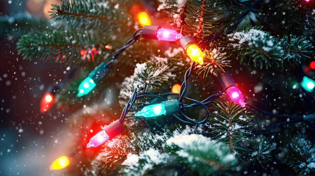 Frosty pine tree with tangled Christmas lights amidst snowflakes , colorful lights, festive lighting, evergreen trees