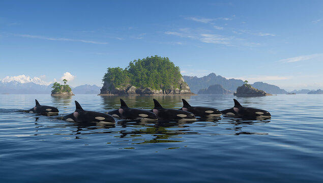 Orcas swimming in calm ocean waters
