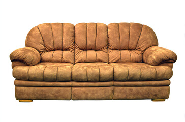 Plush brown sofa with three cushions and padded arms.