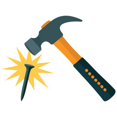 Broken construction hammer hitting metal nail isolated vector illustration on white background