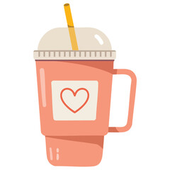 Reusable takeaway drink cup with handle and straw isolated vector illustration on white background