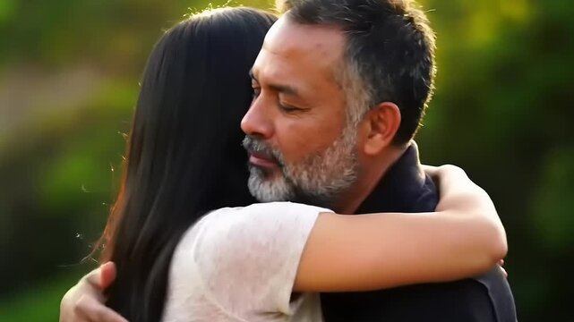 Father Hugging Daughter Outdoors with Bokeh.