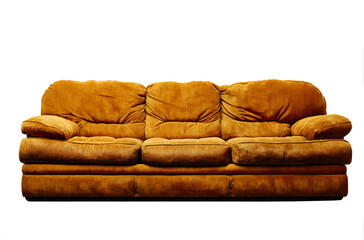 Plush, overstuffed sofa with warm brown upholstery is shown front on.