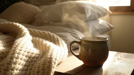 Cozy bedroom setup with coffee cup and soft blanket perfectly captures the essence of relaxation, tranquility, and warmth, making it an ideal choice for creating peaceful atmospheres in.