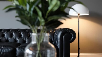 Black leather couch with lush plant in cozy setting, conveying warmth and serenity, perfect for evoking calmness or as a backdrop for Oxh inspired innovation or global business ideas.
