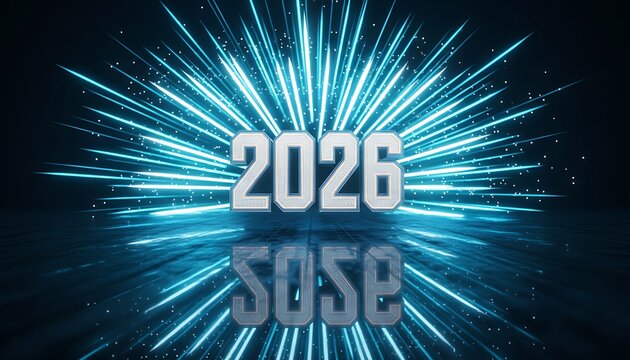 Bright blue fireworks explode in the night sky announcing the year 2026