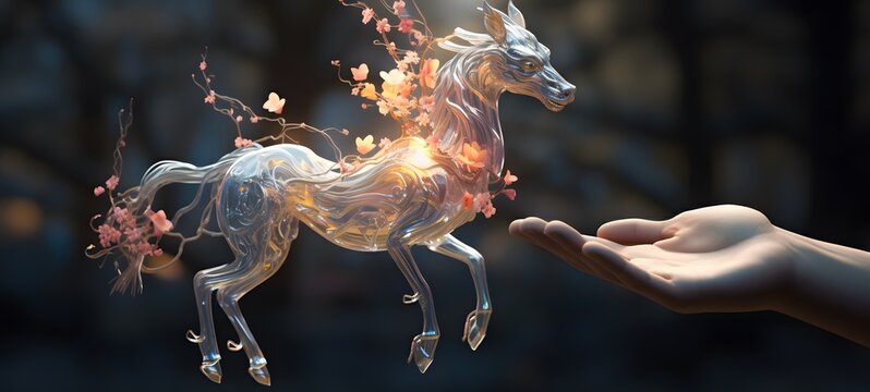 A qilin , a small creature made of glass that is sitting in the palm of your hand,generative AI