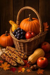 Harvest basket with pumpkins, grapes, corn and apples for Thanksgiving