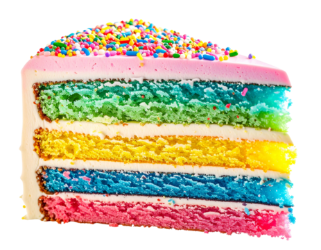 Close-up of pastel rainbow cake corner showing vivid cream layers and sprinkles, isolated on a transparent background, PNG - Powered by Adobe