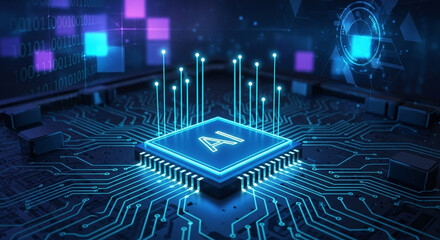 Futuristic AI chip glowing with power, explore the cutting edge of artificial intelligence technology and machine learning for the next generation