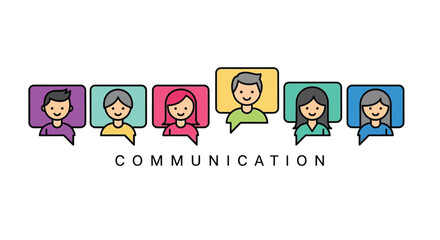 Vector illustration of diverse group of people communicating through speech bubbles