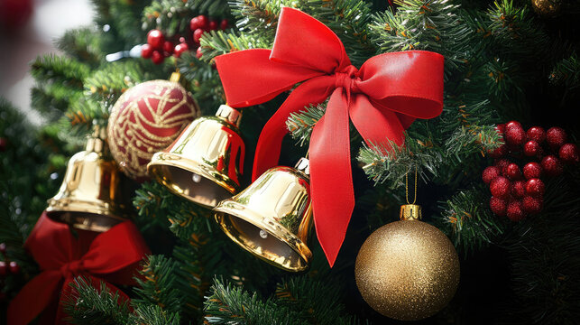 Shiny Christmas bells with red ribbons on a tree, adorned with gold ornaments and a festive bow, capturing the holiday spirit of winter and celebration - Powered by Adobe