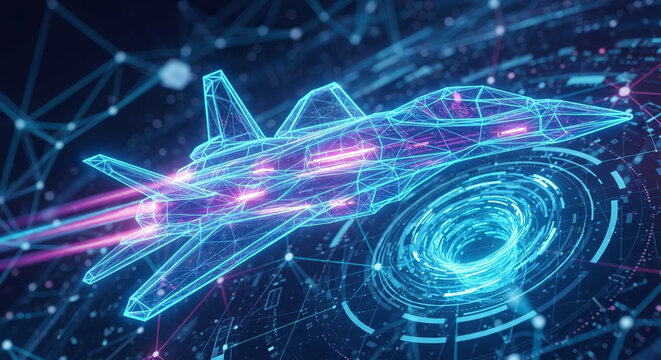 Futuristic dynamic fighter jet in cyberspace, a modern symbol of innovation and speed, perfect for technology and defense industry visuals