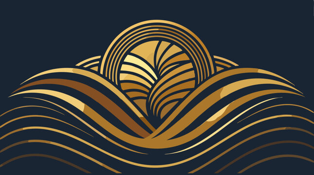 Luxurious Art Deco abstract design featuring waves and stylized foliage in shimmering gold and deep navy blue. Elegant, sophisticated background for premium branding and events.