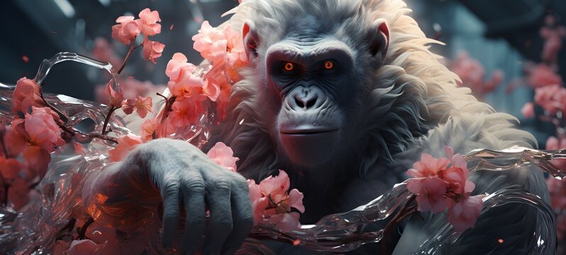 A white gorilla , a small creature made of glass that is sitting in the palm of your hand,,generative AI