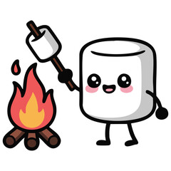 Marshmallow character roasting on skewer over forest bonfire isolated vector illustration