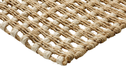 Woven neutral rug corner with textured, knotted pattern on black background