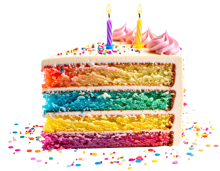 Pastel rainbow cake slice placed beside birthday candle and confetti, isolated on a transparent background, PNG
