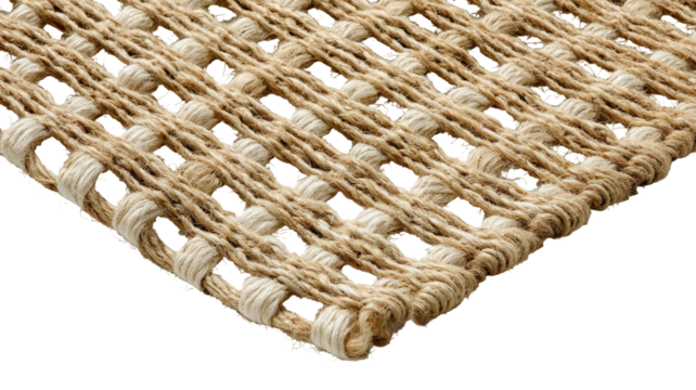 Woven neutral rug corner with textured, knotted pattern on black background