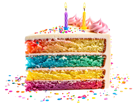 Pastel rainbow cake slice placed beside birthday candle and confetti, isolated on a transparent background, PNG