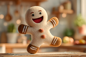 A happy gingerbread man dancing on the kitchen table. Generative AI