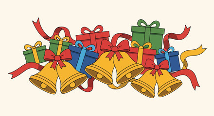 Festive Christmas Bells and Gifts Illustration with Ribbons.