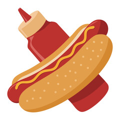 Modern hot dog with mustard and ketchup bottles vector illustration isolated