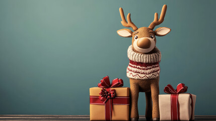 Reindeer Christmas Card: A whimsical reindeer adorned with a cozy knitted scarf stands proudly beside a pair of wrapped gifts, ready to spread holiday cheer and Christmas magic.