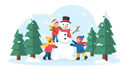 Children Building a Snowman in a Winter Wonderland.